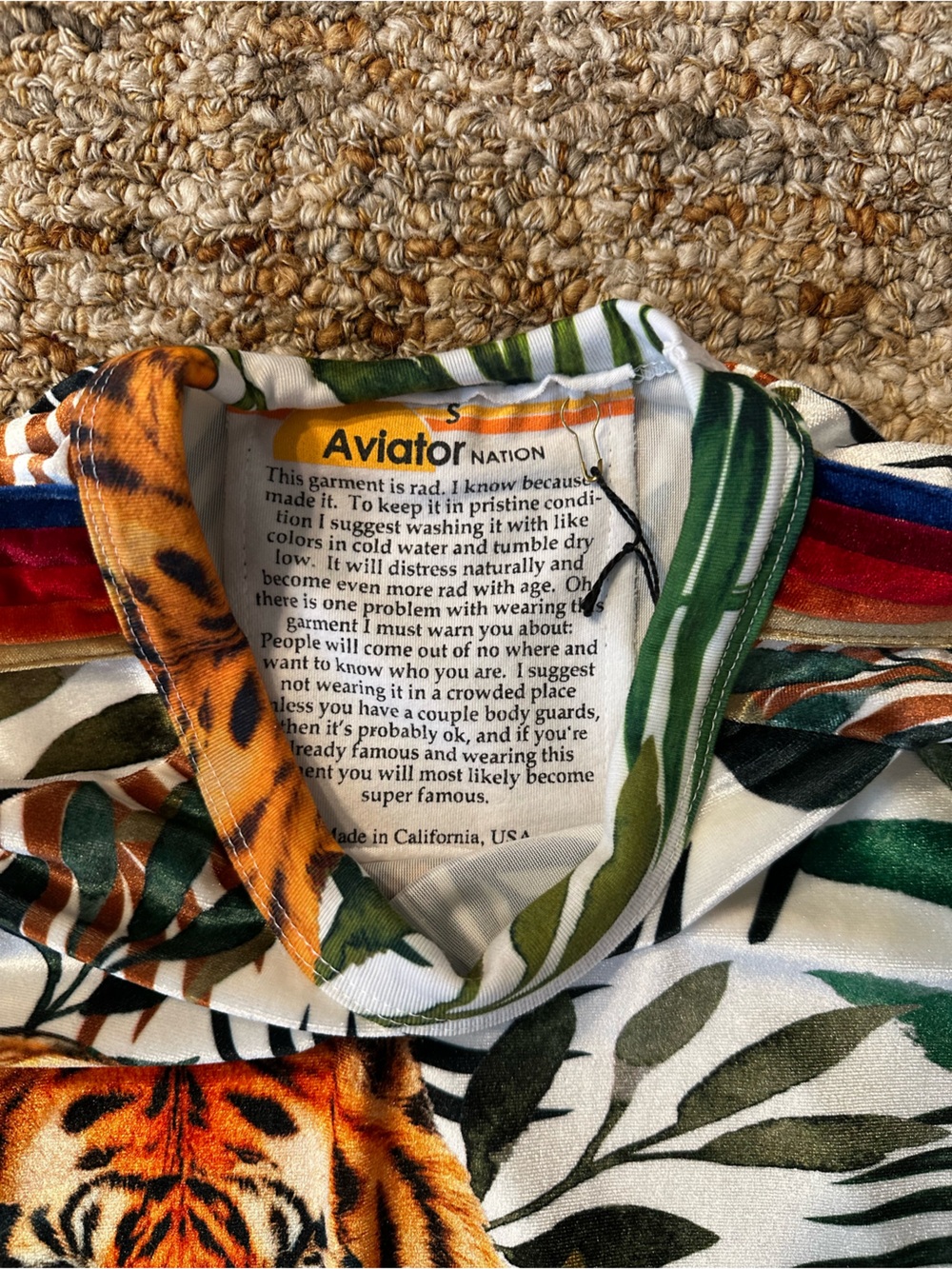 Rare Aviator Nation Velour Tiger Print Athletic Sweater — Green, White - Picture 2 of 4